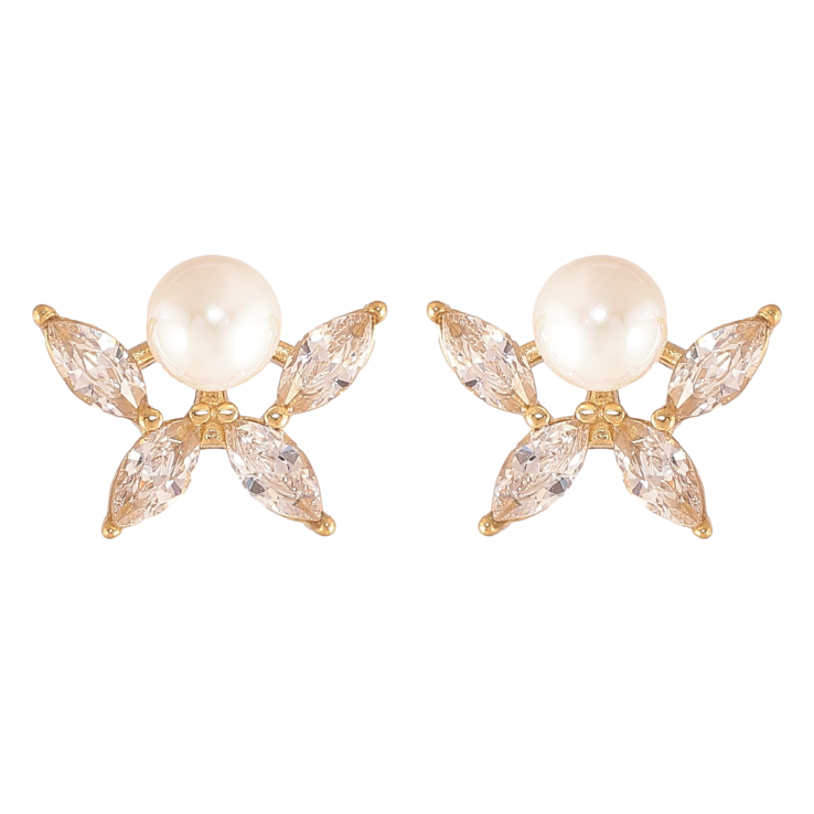 Серьги Нержавеющая сталь пусеты "Кристальные цветочки с жемчужинами" фото №8