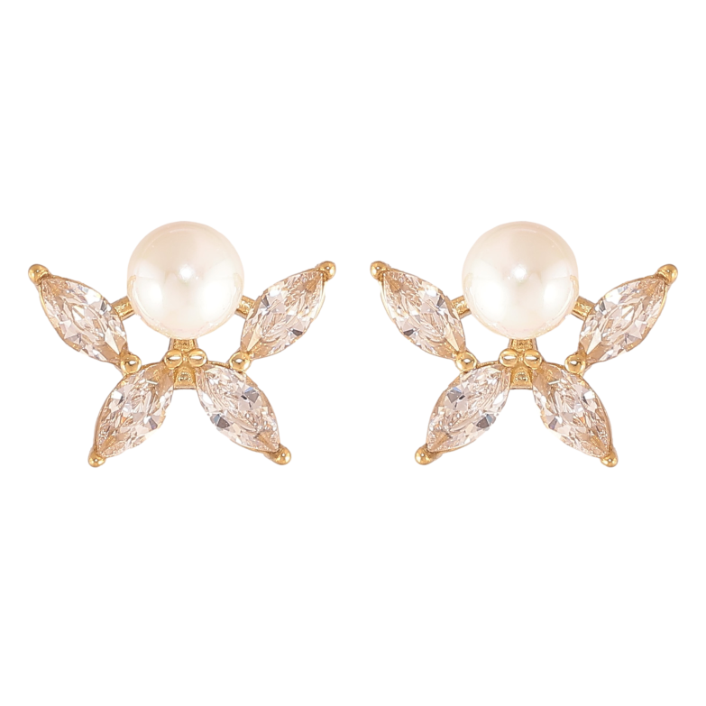 Серьги Нержавеющая сталь пусеты "Кристальные цветочки с жемчужинами" фото №1