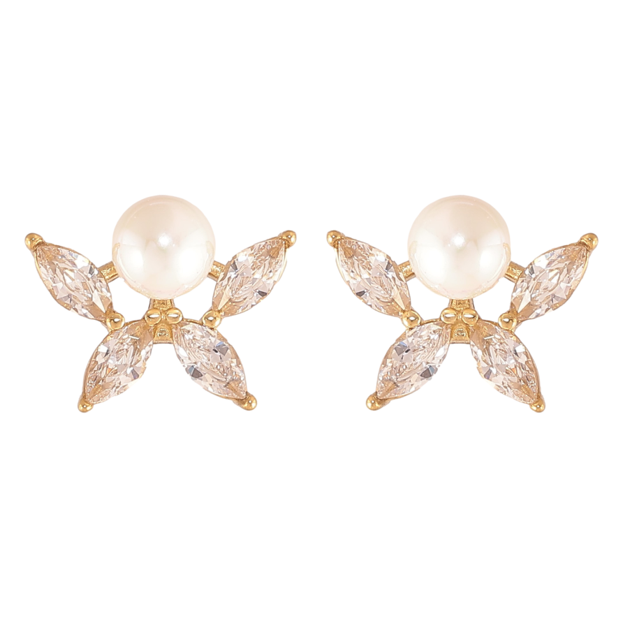 Серьги Нержавеющая сталь пусеты "Кристальные цветочки с жемчужинами" фото №1