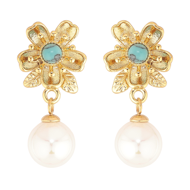 Сережки Нержавіюча сталь пусети "Квіточки з блакитними кристалами та перлинами" фото №9 Сережки Нержавіюча сталь пусети "Квіточки з блакитними кристалами та перлинами" фото №9