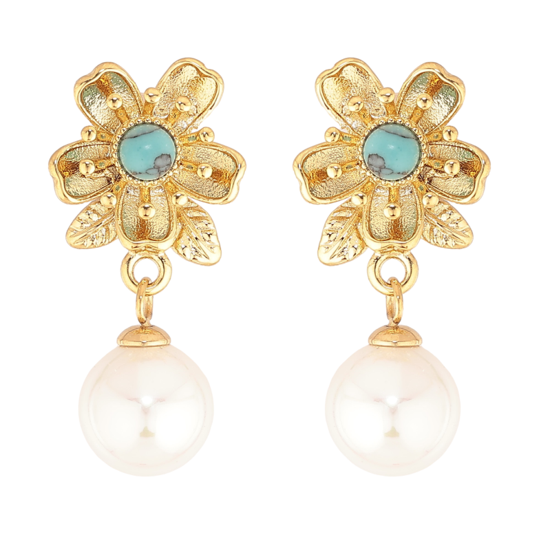 Сережки Нержавіюча сталь пусети "Квіточки з блакитними кристалами та перлинами" фото №2