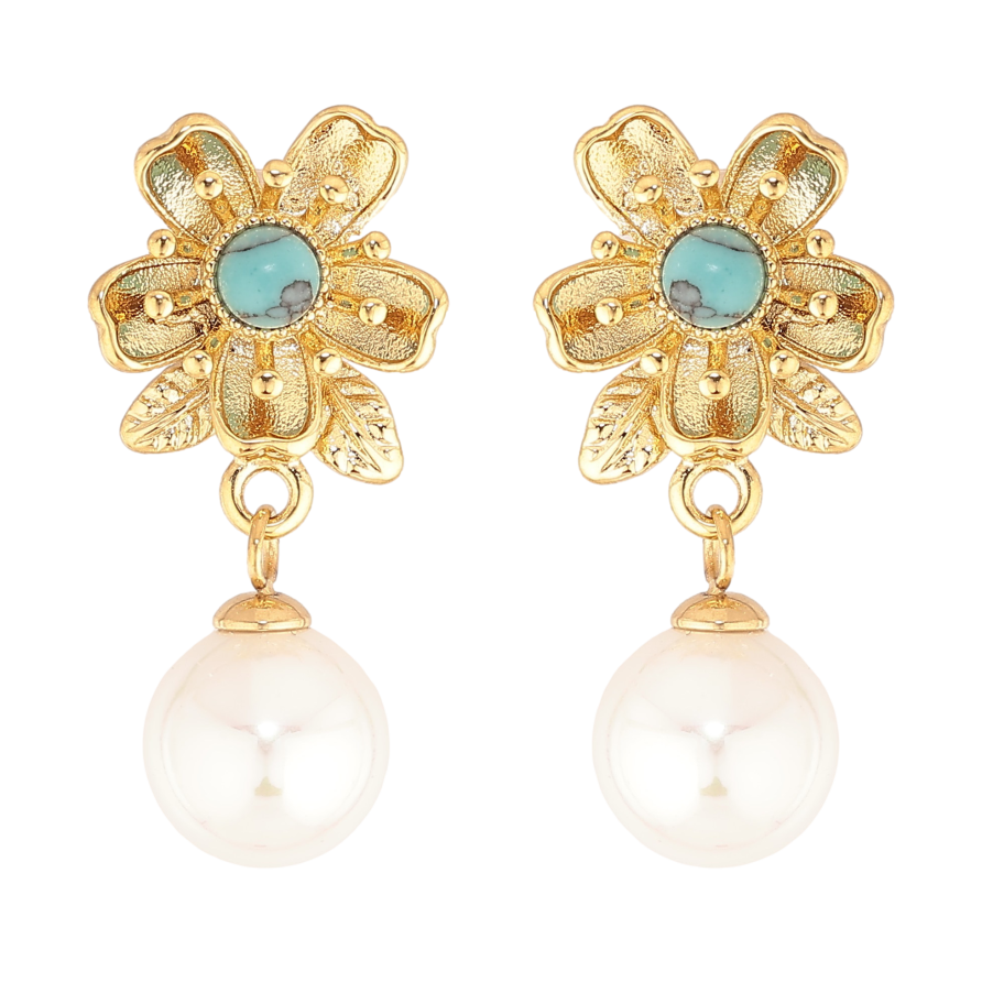 Сережки Нержавіюча сталь пусети "Квіточки з блакитними кристалами та перлинами" фото №1