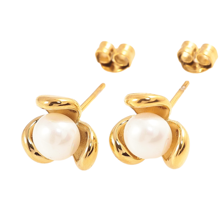 Серьги Нержавеющая сталь пусеты "Цветочки с жемчужинами" фото №5