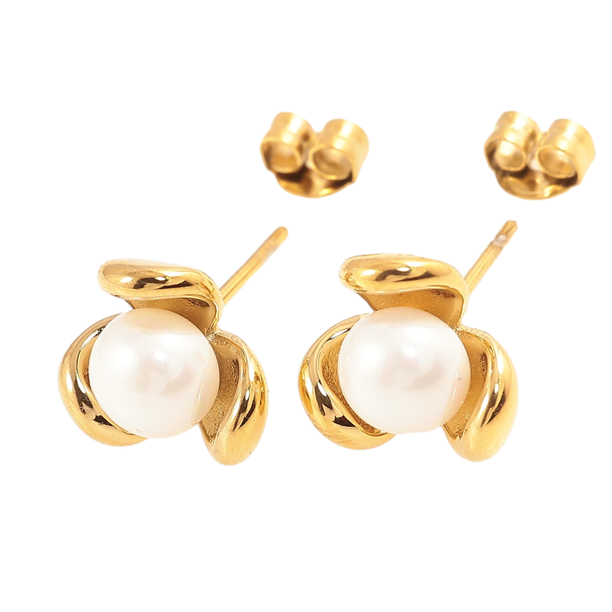 Серьги Нержавеющая сталь пусеты "Цветочки с жемчужинами" фото №1