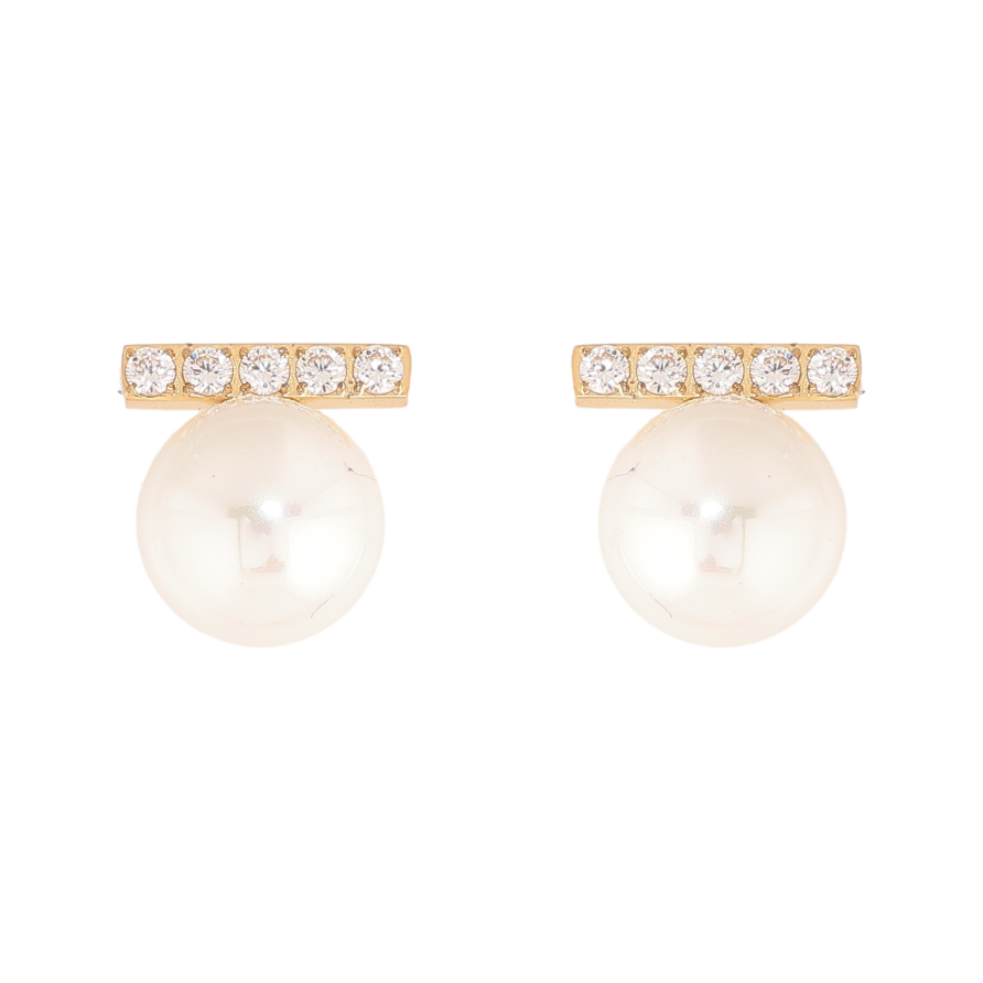 Серьги Нержавеющая сталь пусеты "Жемчужины с дорожками кристаллов" фото №1