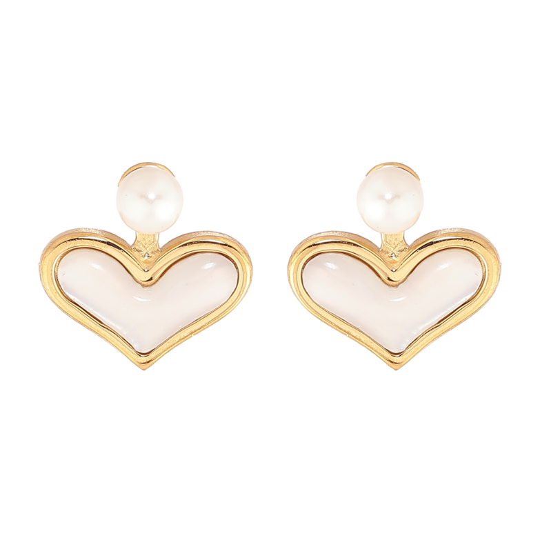 Серьги Нержавеющая сталь пусеты "Сердечки с перламутровыми вставками и жемчужинами" фото №1