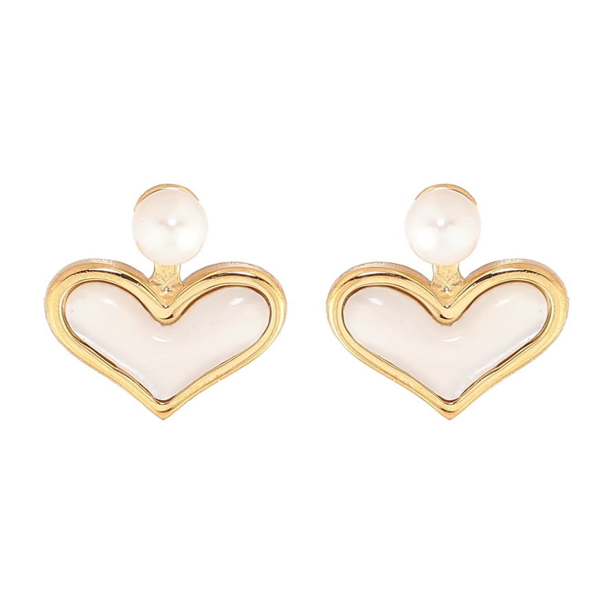 Серьги Нержавеющая сталь пусеты "Сердечки с перламутровыми вставками и жемчужинами" фото №1