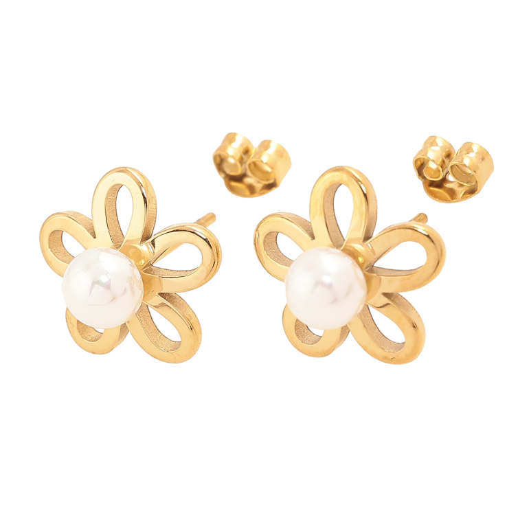 Сережки Нержавіюча сталь пусети "Квіточки з перлинами" фото №7