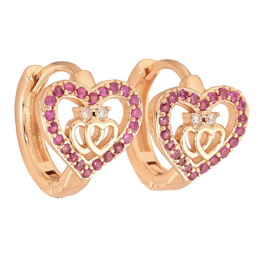 Сережки Xuping M&L колір 18K колечка "Сердечки з малиновими кристалами" фото №1