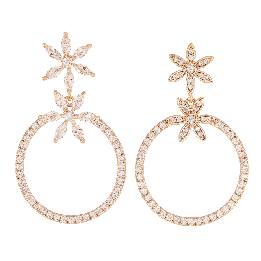 Серьги Xuping M&L цвет 18K пусеты "Ассиметричные кристальные цветочки с кольцами" фото №1 Серьги Xuping M&L цвет 18K пусеты "Ассиметричные кристальные цветочки с кольцами" фото №1