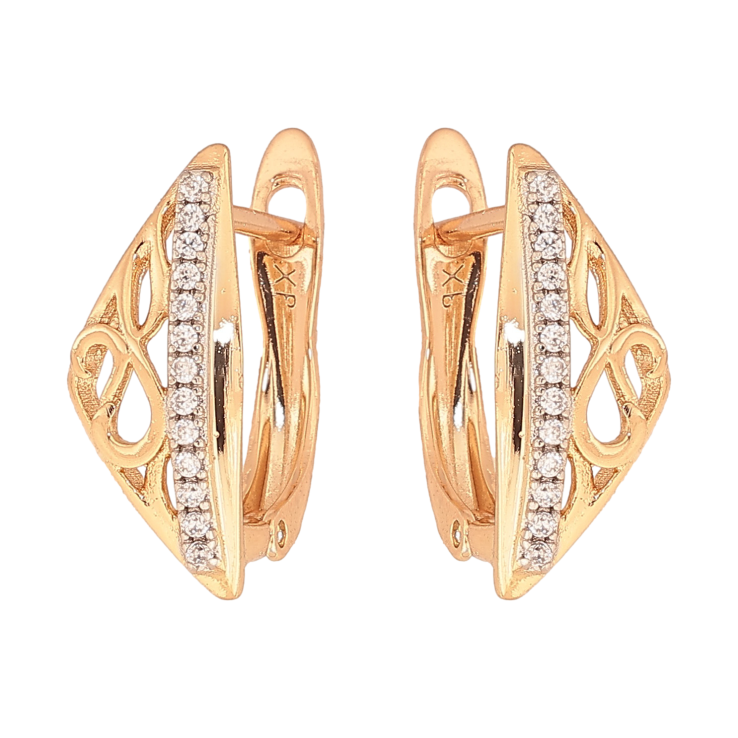 Серьги Xuping цвет Позолота 18K + Родий английский замок "Резные треугольники с дорожкой кристаллов" фото №12