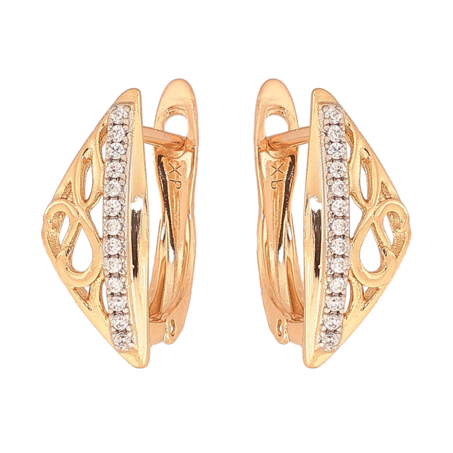 Серьги Xuping цвет Позолота 18K + Родий английский замок "Резные треугольники с дорожкой кристаллов" фото №1