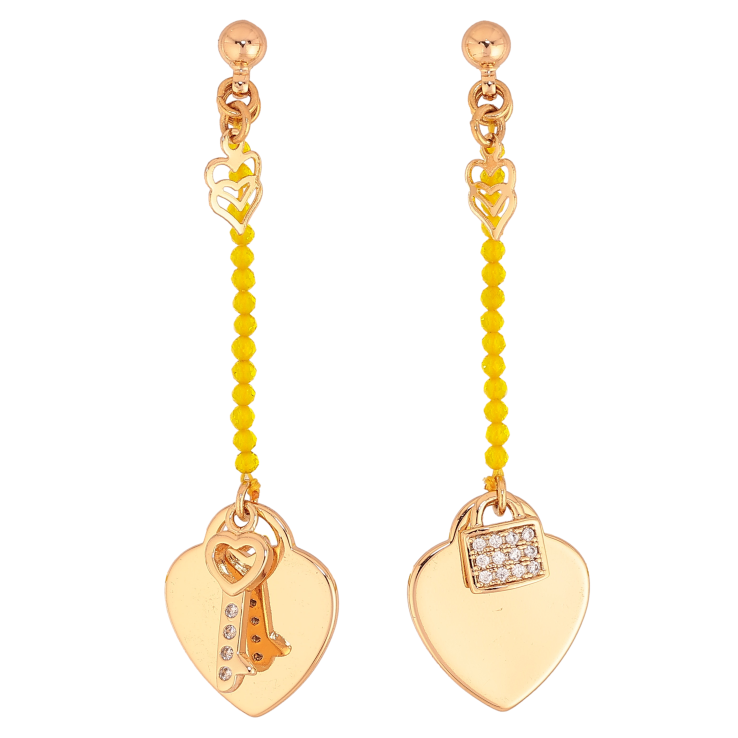 Серьги Xuping Позолота 18K пусеты Сердечки с замочком и ключиком на веревке с желтыми бусинами фото №23