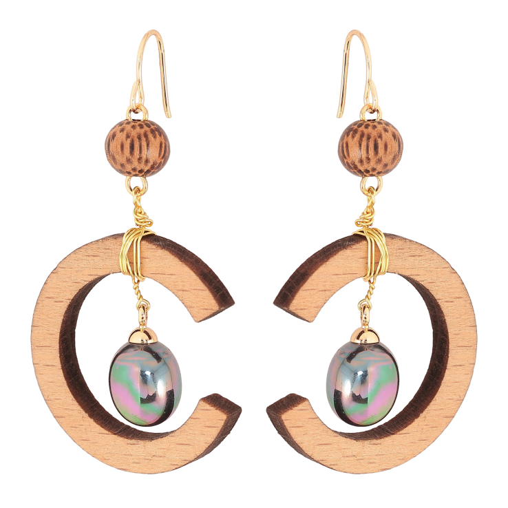 Серьги Xuping QQMM цвет Позолота 14K французский замок "Эпатажные подвески с деревянными полукольцами и черными жемчужинами" фото №7