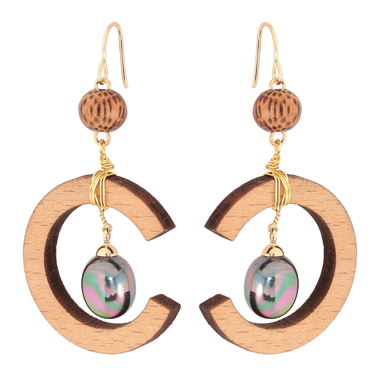 Серьги Xuping QQMM цвет Позолота 14K французский замок "Эпатажные подвески с деревянными полукольцами и черными жемчужинами" фото №1