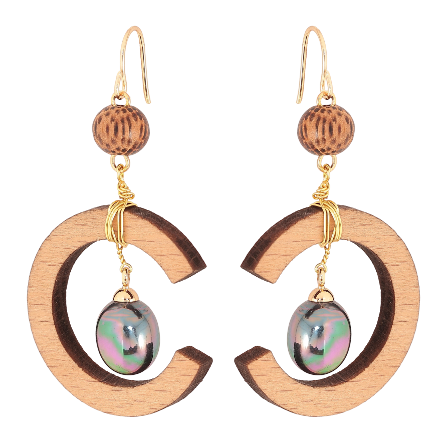 Серьги Xuping QQMM цвет Позолота 14K французский замок "Эпатажные подвески с деревянными полукольцами и черными жемчужинами" фото №1