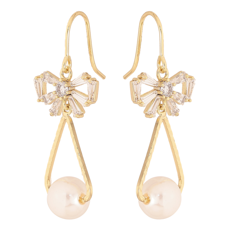 Серьги Xuping QQMM цвет Позолота 14K французский замок "Кристальные бантики с жемчужными подвесками" фото №1