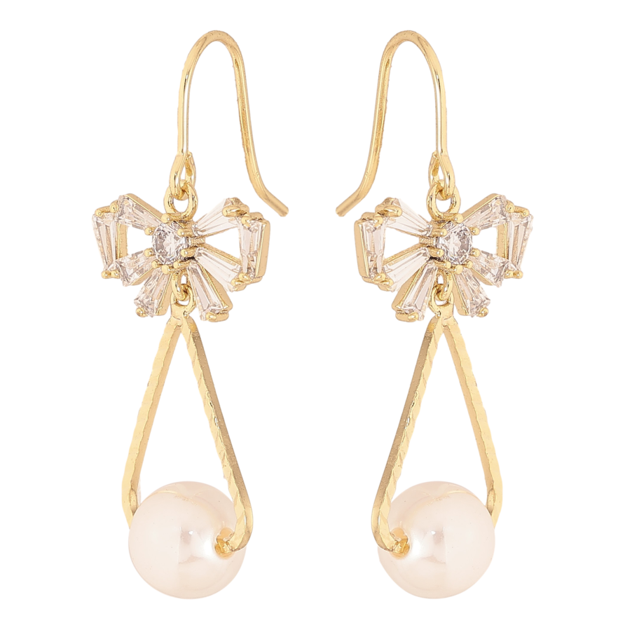 Серьги Xuping QQMM цвет Позолота 14K французский замок "Кристальные бантики с жемчужными подвесками" фото №1