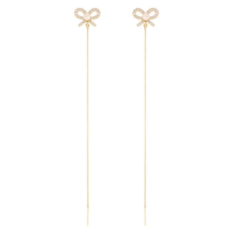 Серьги Xuping QQMM цвет Позолота 14K пусеты "Бантики с подвесками цепочками" фото №1