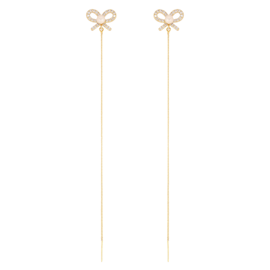 Серьги Xuping QQMM цвет Позолота 14K пусеты "Бантики с подвесками цепочками" фото №1