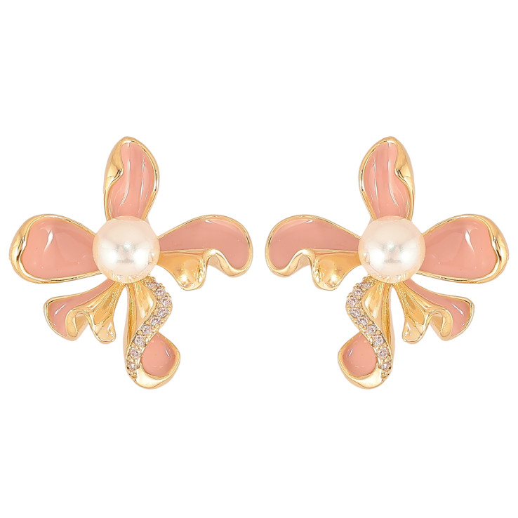 Сережки Xuping QQMM колір Позолота 14K пусети "Декоративні квіточки з бежевою емаллю та перлинами" фото №25