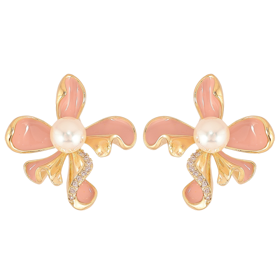 Серьги Xuping QQMM цвет Позолота 14K пусеты "Декоративные цветочки с бежевой эмалью и жемчужинами" фото №1