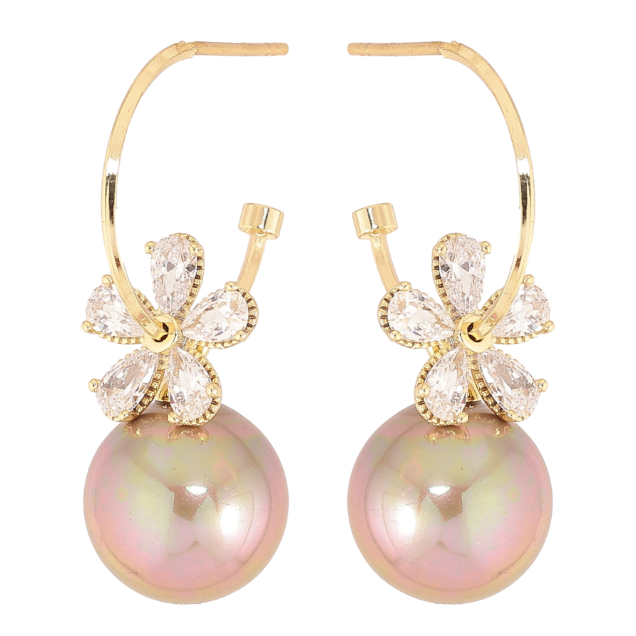 Сережки Xuping QQMM колір Позолота 14K пусети "Дуги з кристальними квіточками та перлинами" фото №1 Сережки Xuping QQMM колір Позолота 14K пусети "Дуги з кристальними квіточками та перлинами" фото №1