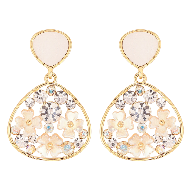 Сережки Xuping QQMM колір Позолота 14K пусети "Крапельки з перламутровими квіточками та кристалами" фото №2