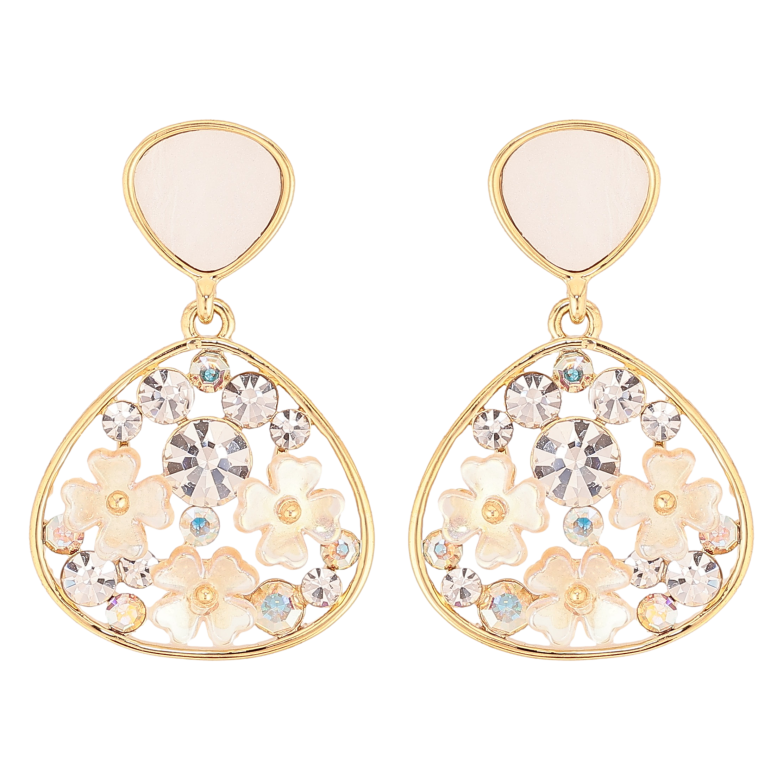 Сережки Xuping QQMM колір Позолота 14K пусети "Крапельки з перламутровими квіточками та кристалами" фото №1