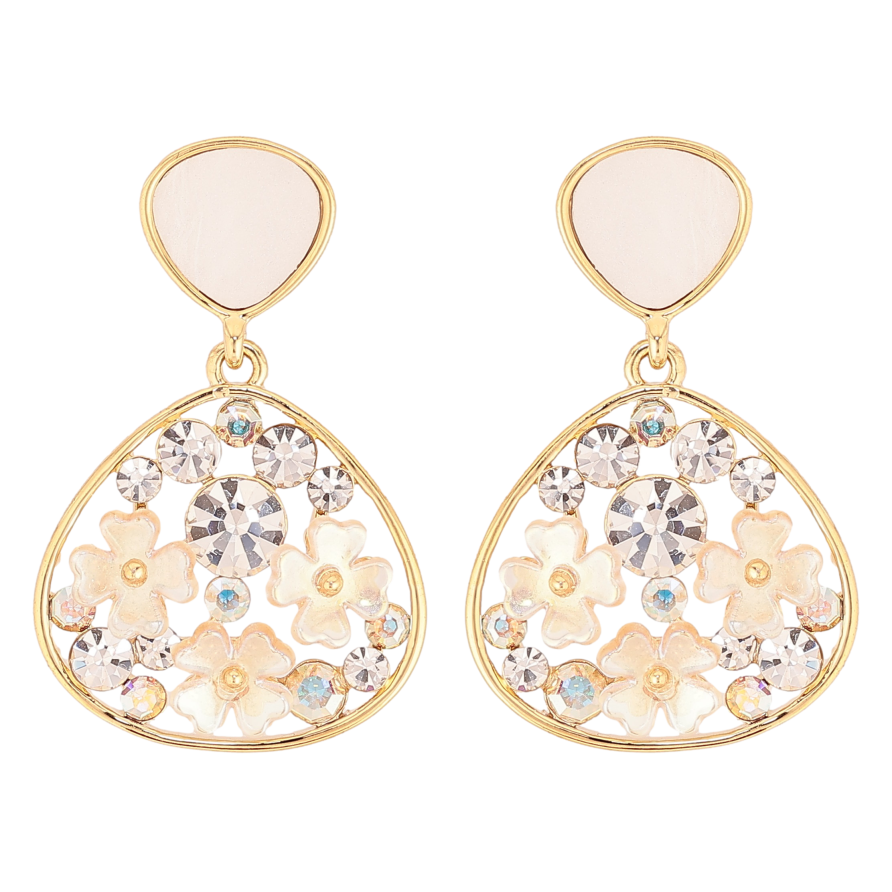 Серьги Xuping QQMM цвет Позолота 14K пусеты "Капельки с перламутровыми цветочками и кристаллами" фото №1