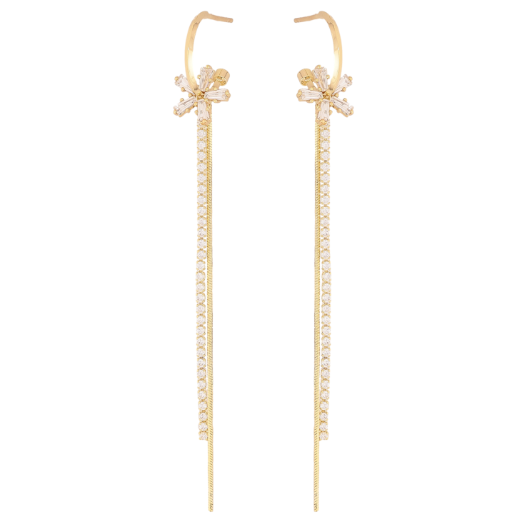 Серьги Xuping QQMM цвет Позолота 14K пусеты "Кристальные цветочки на дугах с цепочками" фото №21