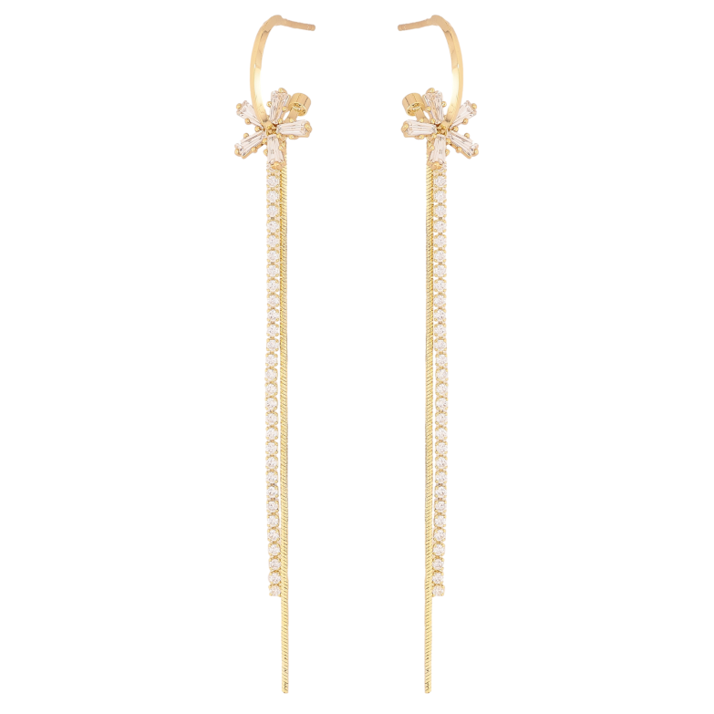 Серьги Xuping QQMM цвет Позолота 14K пусеты "Кристальные цветочки на дугах с цепочками" фото №1