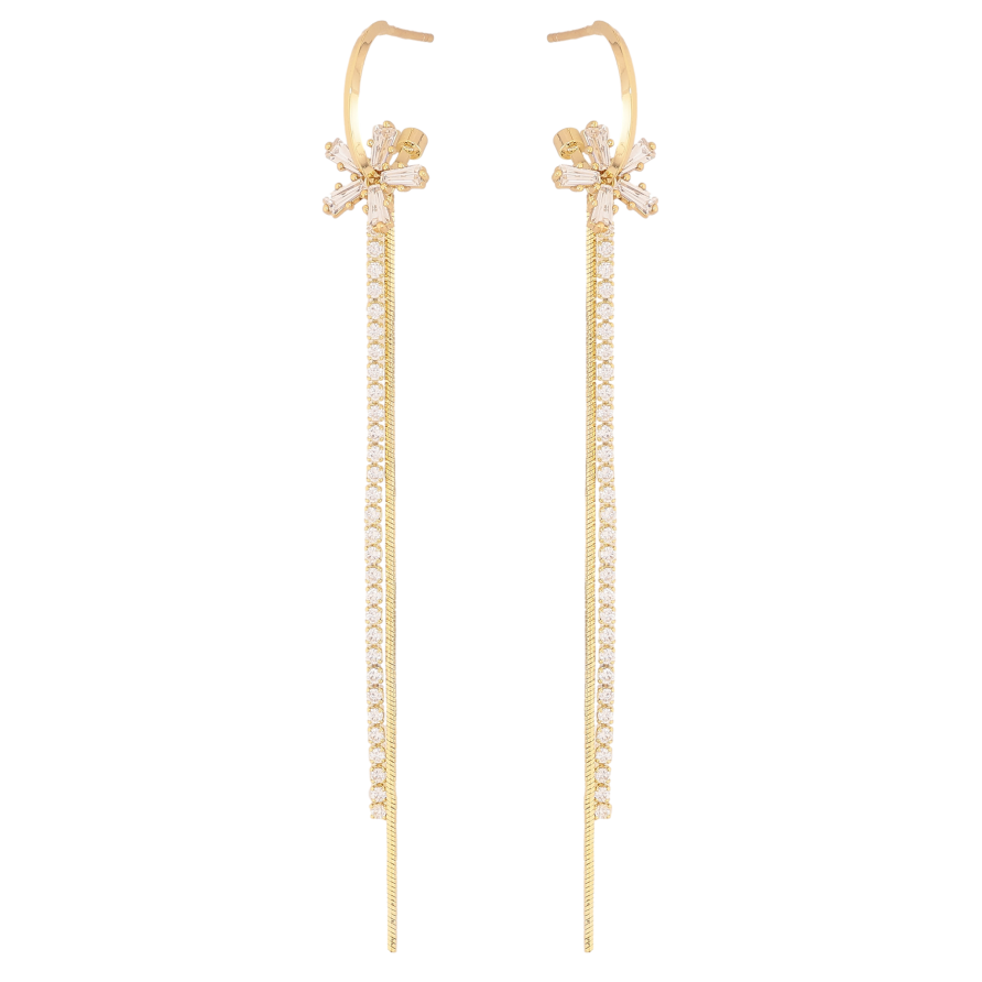 Сережки Xuping QQMM колір Позолота 14K пусети "Кристальні квіточки на дугах з ланцюжками" фото №1