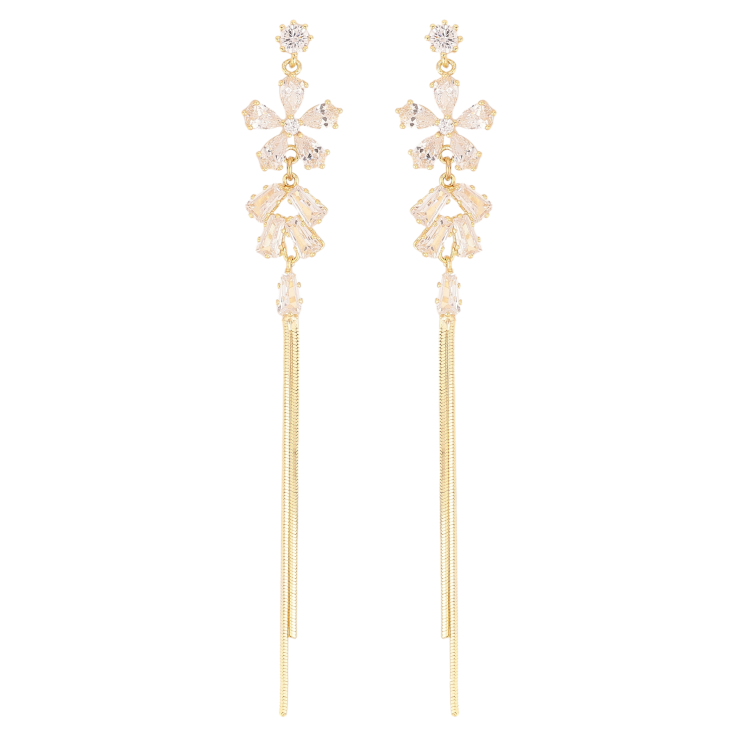 Серьги Xuping QQMM цвет Позолота 14K пусеты "Кристальные цветочки с цепочками" фото №18