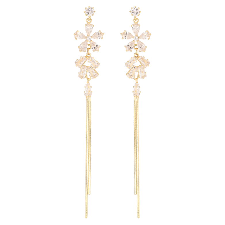 Сережки Xuping QQMM колір Позолота 14K пусети "Кристальні квіточки з ланцюжками" фото №1