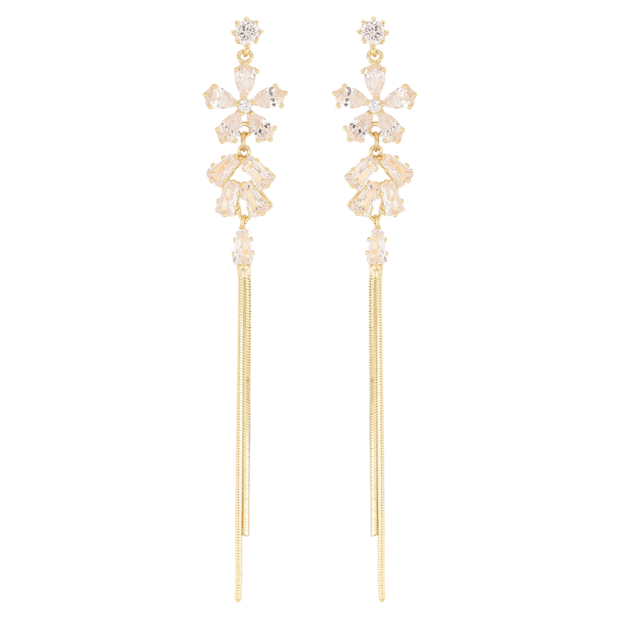 Серьги Xuping QQMM цвет Позолота 14K пусеты "Кристальные цветочки с цепочками" фото №1