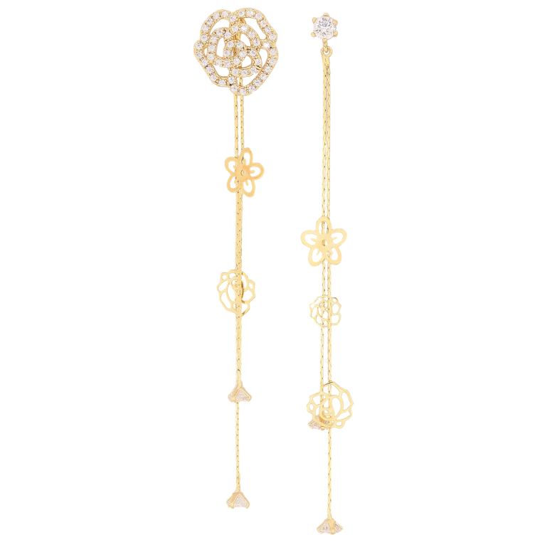 Серьги Xuping QQMM цвет Позолота 14K пусеты "Ассиметричные цветочные подвески" фото №1