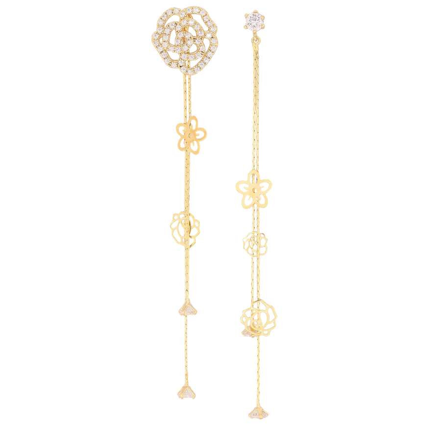 Серьги Xuping QQMM цвет Позолота 14K пусеты "Ассиметричные цветочные подвески" фото №1