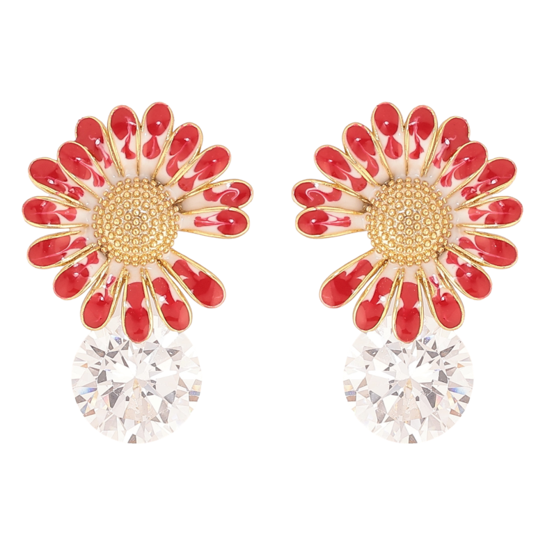 Серьги Xuping QQMM цвет Позолота 14K пусеты "Красные цветочки с кристаллами" фото №1