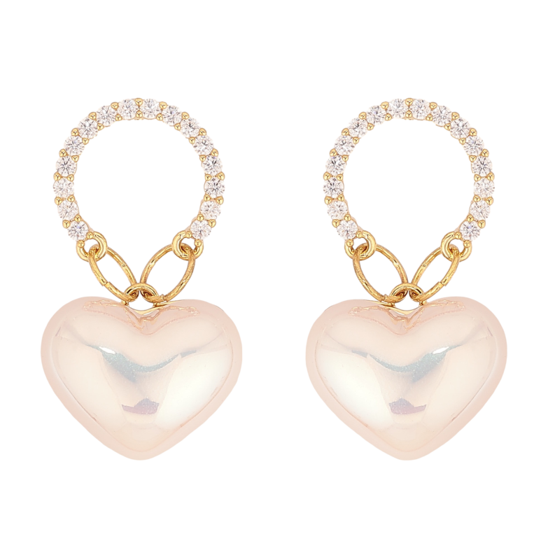 Серьги Xuping QQMM цвет Позолота 14K пусеты "Перламутровые сердечки на колечках" фото №1