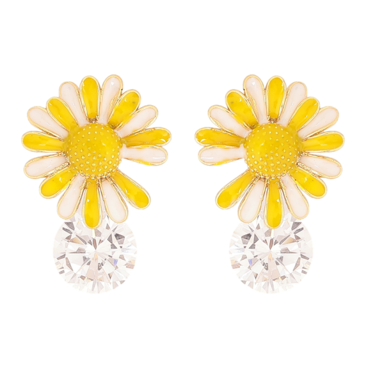 Серьги Xuping QQMM цвет Позолота 14K пусеты "Ромашки с кристаллами,  прокраска эмалью" фото №6