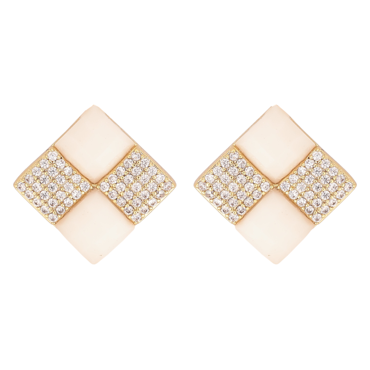 Серьги Xuping QQMM цвет Позолота 14K пусеты "Ромбы с белой эмалью и кристаллами" 12х12мм фото №9