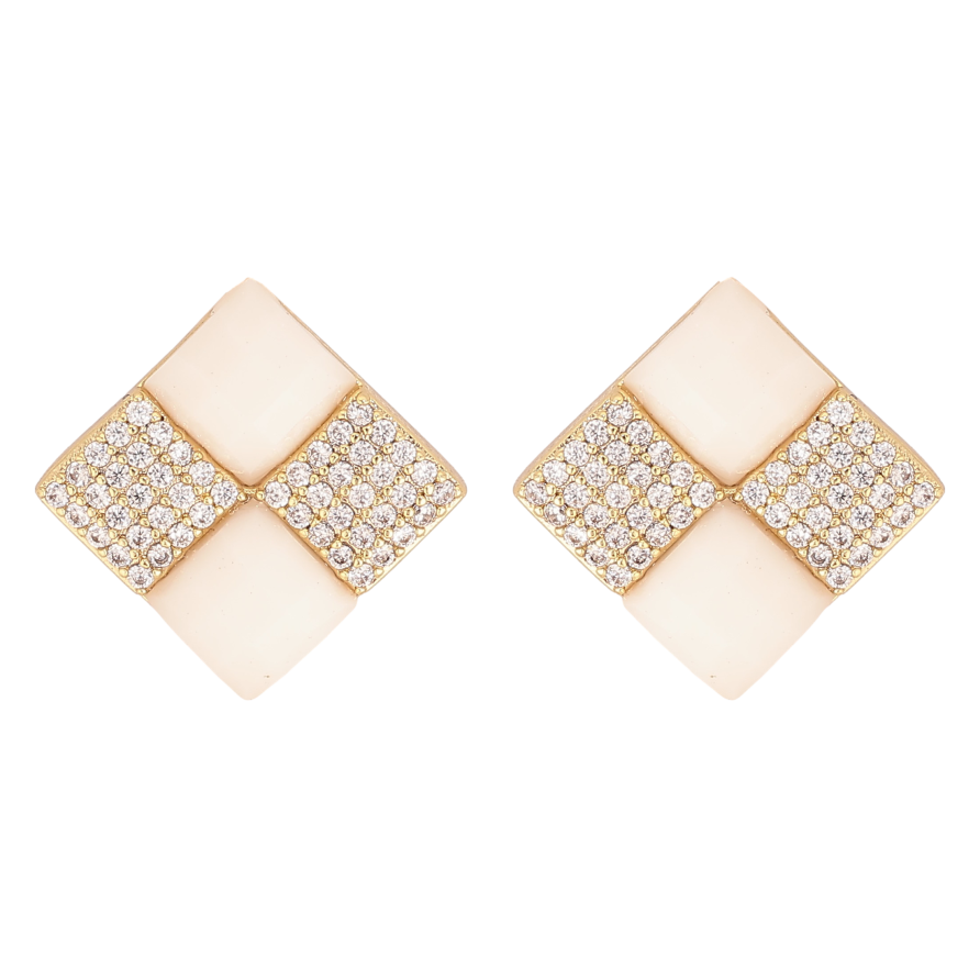 Серьги Xuping QQMM цвет Позолота 14K пусеты "Ромбы с белой эмалью и кристаллами" 12х12мм фото №1