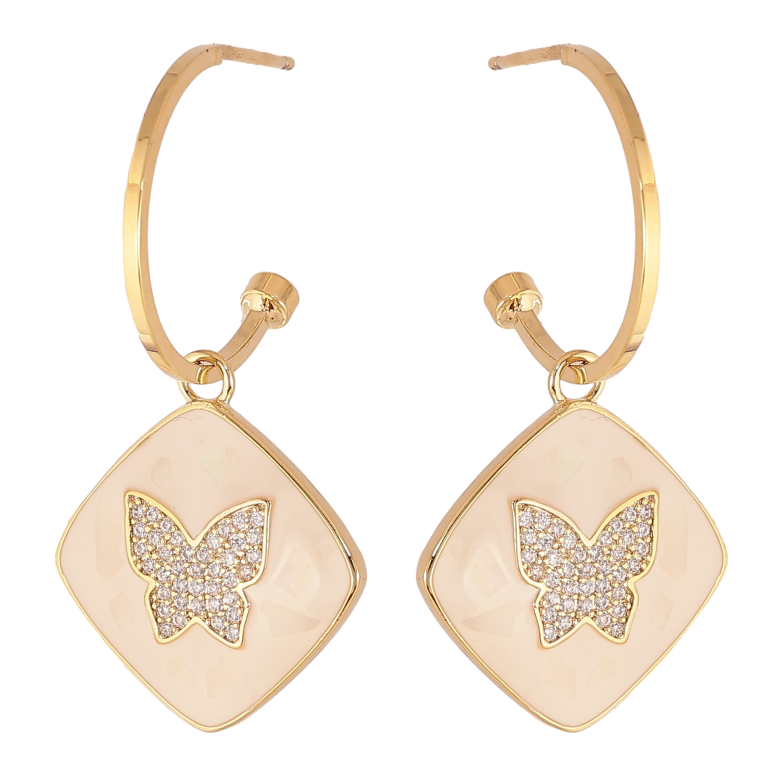 Сережки Xuping QQMM колір Позолота 14K пусети "Ромби з метеликами та білою емаллю" фото №1