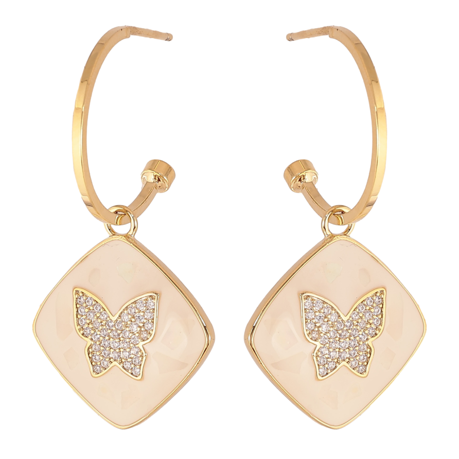 Сережки Xuping QQMM колір Позолота 14K пусети "Ромби з метеликами та білою емаллю" фото №1 Сережки Xuping QQMM колір Позолота 14K пусети "Ромби з метеликами та білою емаллю" фото №1