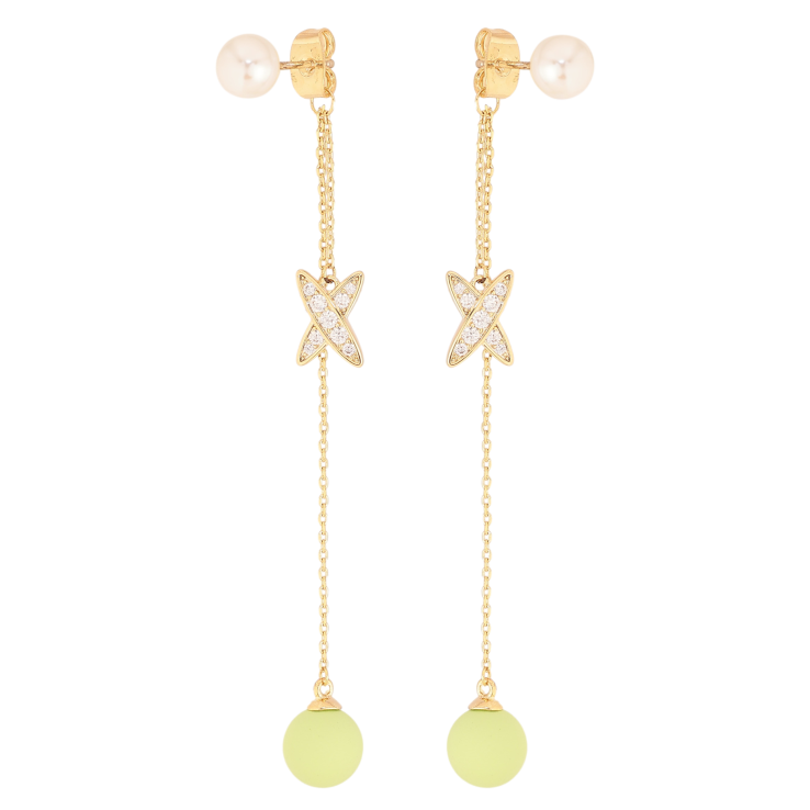 Серьги Xuping QQMM цвет Позолота 14K пусеты "Салатовые шарики с крестиками на цепочках" фото №18