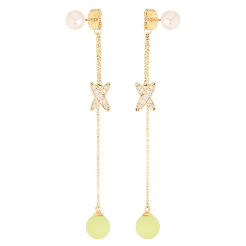 Серьги Xuping QQMM цвет Позолота 14K пусеты "Салатовые шарики с крестиками на цепочках" фото №1