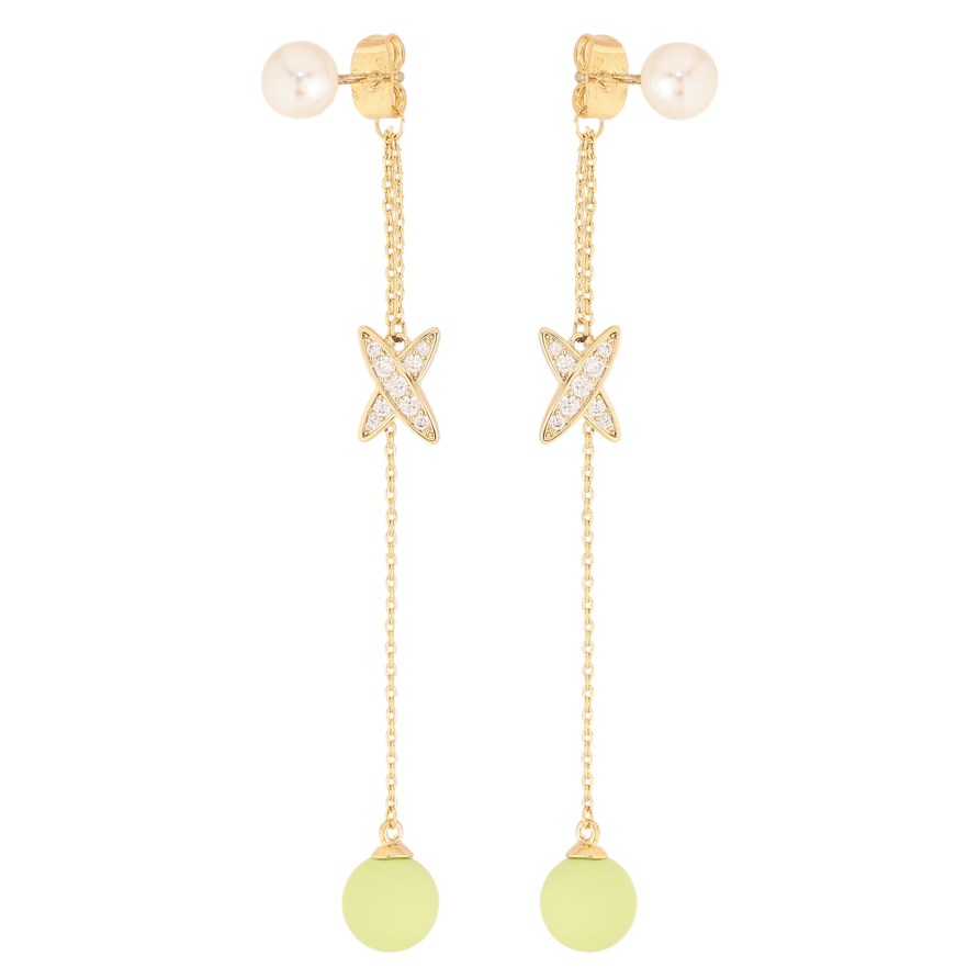 Сережки Xuping QQMM колір Позолота 14K пусети "Салатові кульки з хрестиками на ланцюжках" фото №1