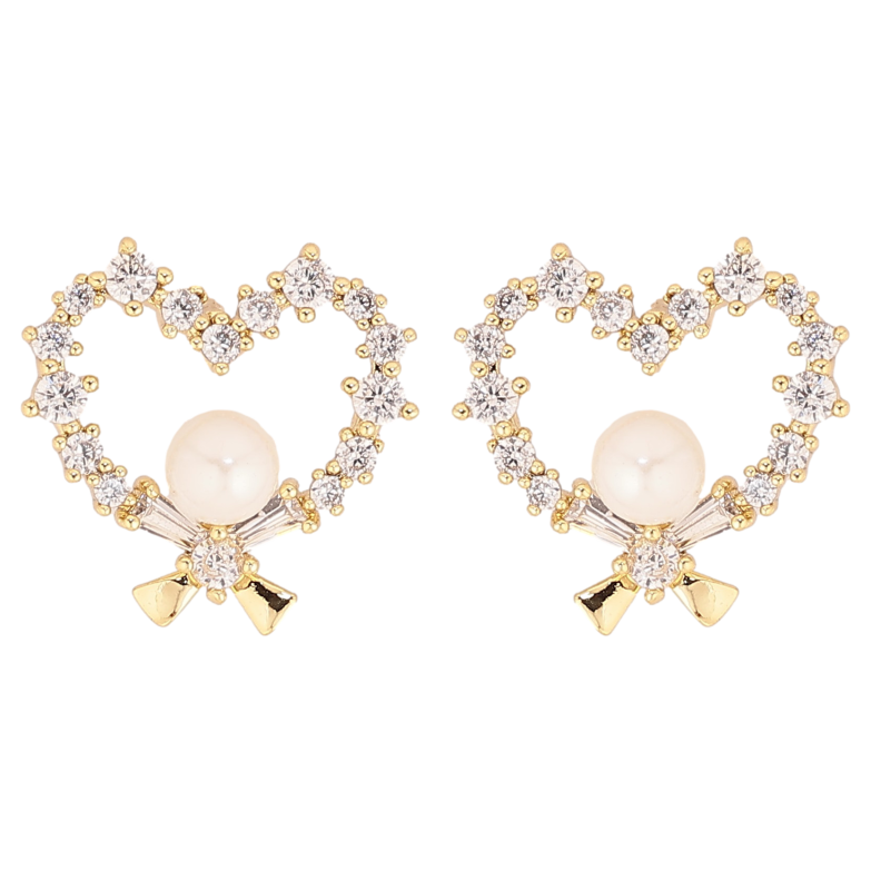 Серьги Xuping QQMM цвет Позолота 14K пусеты "Сердечки с кристаллами и жемчугом" фото №1