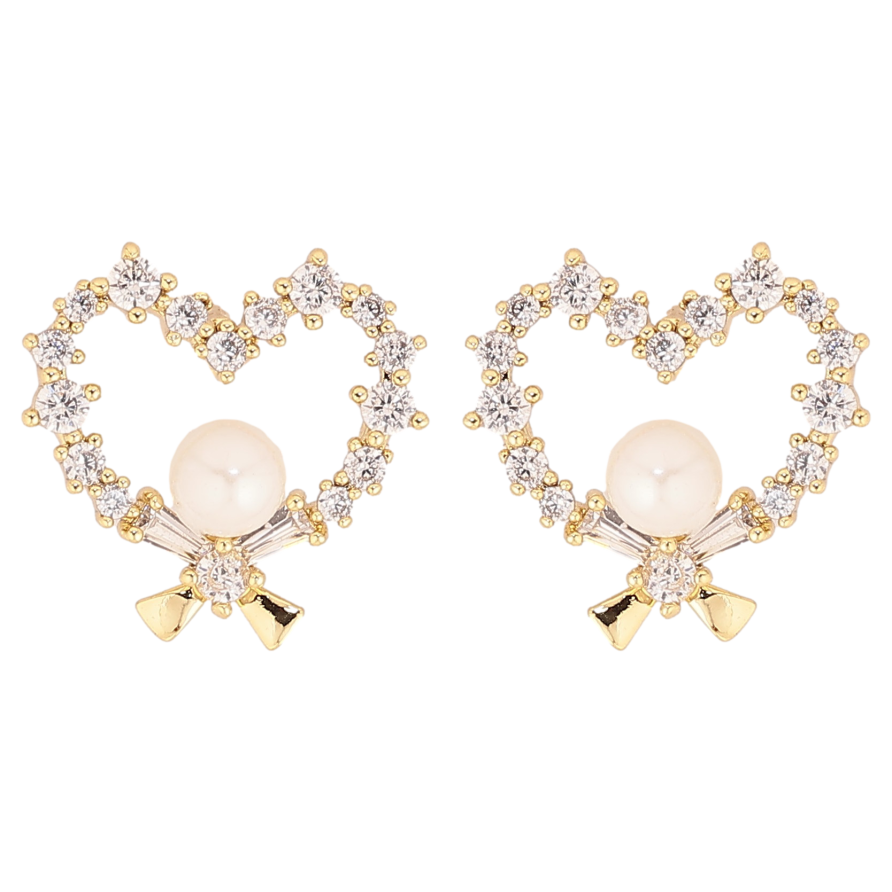 Серьги Xuping QQMM цвет Позолота 14K пусеты "Сердечки с кристаллами и жемчугом" фото №1